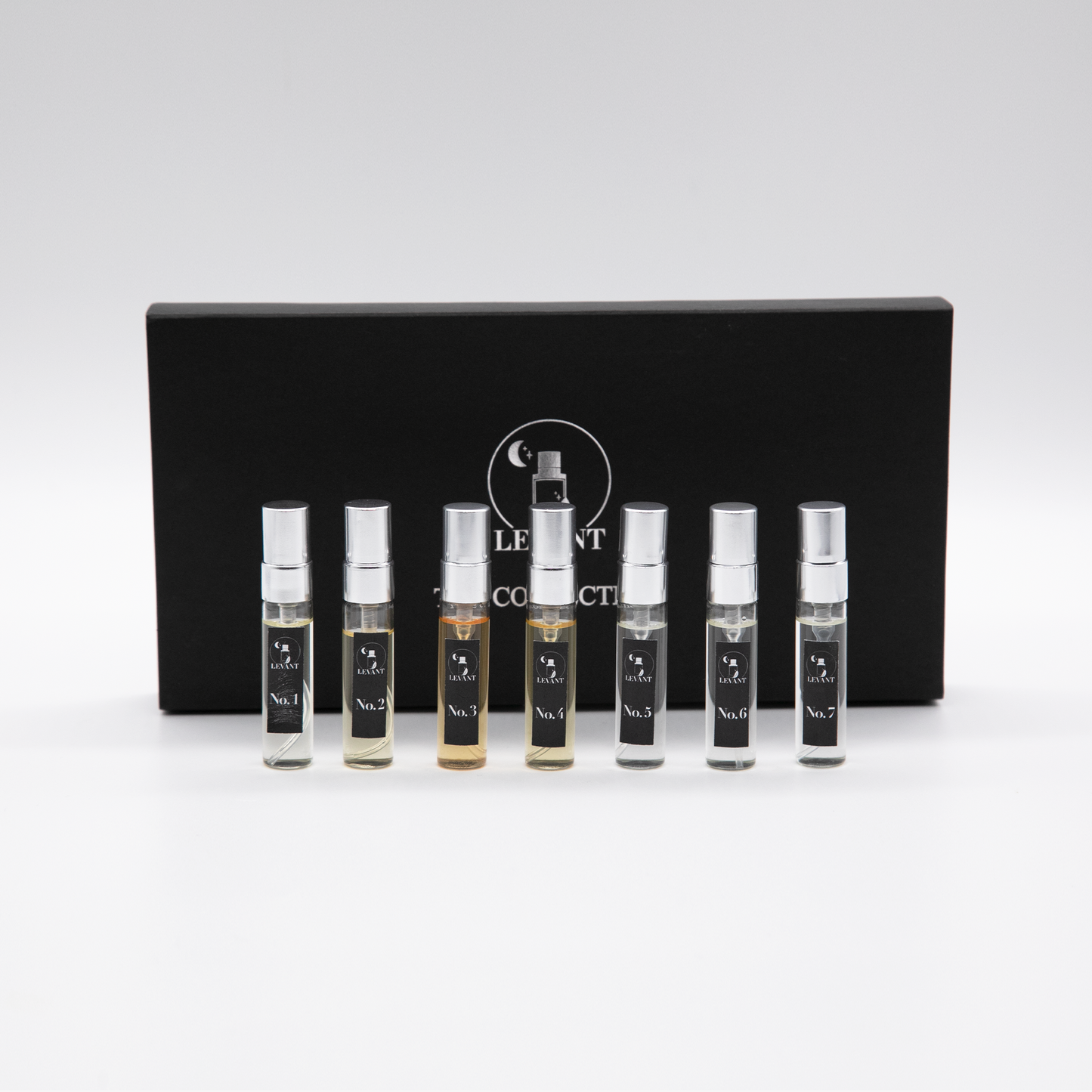 The levant perfume collection 5ml bottles with gift box behind